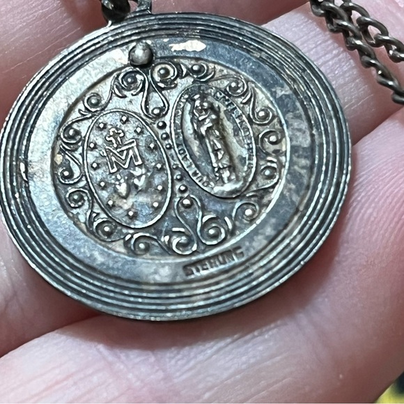 VTG Guilloche Enamel Rose Sterling Silver Catholic Religious Medal Necklace - Picture 5 of 8